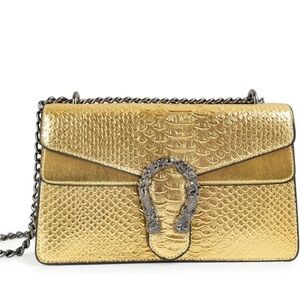 Snake Print Crossbody Clutch Evening Bag, Gold, Chain Strap, Faux Leather, Siren